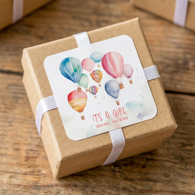 Adesivo Quadrado Balões de ar quente voando. É divertido um papel f (Flying hot air balloons it's a girl paper fun square sticker.)