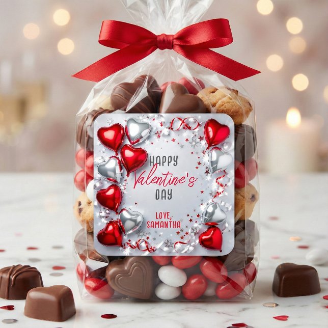 Adesivo Quadrado Balões de Coração Vermelhos e Prateados Dia dos Na (Criador carregado)