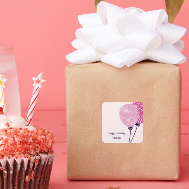 Adesivo Quadrado Balões Rosa Simples Modernos Felizes Aniversário (Festa)