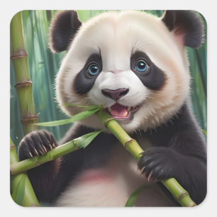 Adesivo Quadrado Bamboo Comendo Panda Bonito