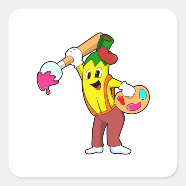 Adesivo Quadrado Banana como Pincel com Pincel de Tinta (Frente)