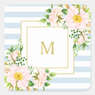 Adesivo Quadrado Bandas Azuis de Pastel Floral Monograma
