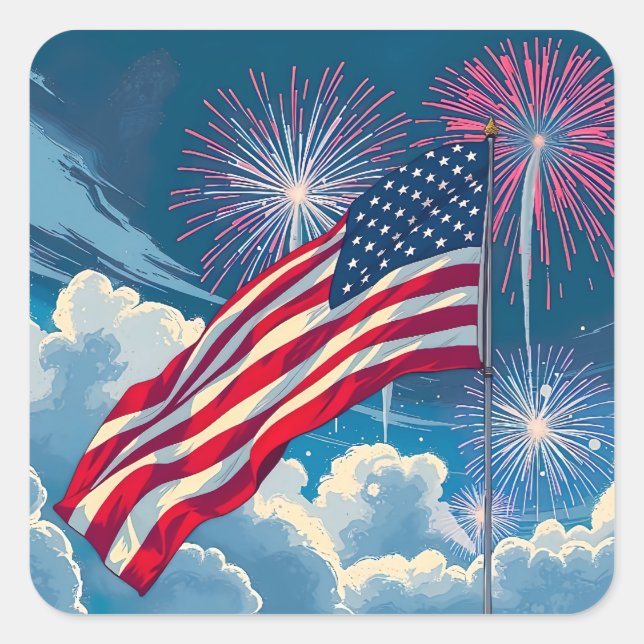Adesivo Quadrado Bandeira Americana Patriótica com Fireworks - 4 de (Frente)