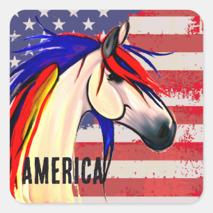 Adesivo Quadrado Bandeira Americana Vermelha e Cavalo Azul