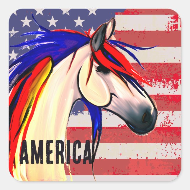 Adesivo Quadrado Bandeira Americana Vermelha e Cavalo Azul (Frente)
