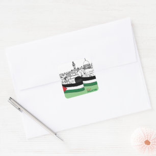 Adesivo Quadrado Bandeira da Palestina e casas antigas feitas à mão