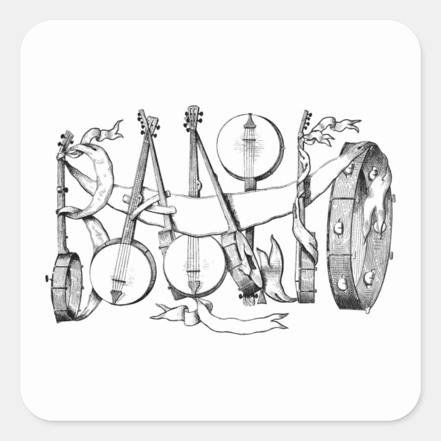 Adesivo Quadrado banjo escrito com arte de ilustração de banjos (Frente)