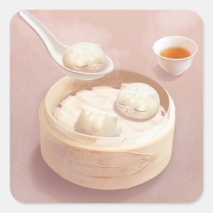 Adesivo Quadrado Bao Buns Steamed com Tea