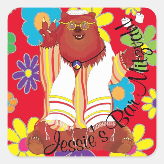Adesivo Quadrado Bar Bat Mitzvah Hippie Peace Bear Sticker (Frente)