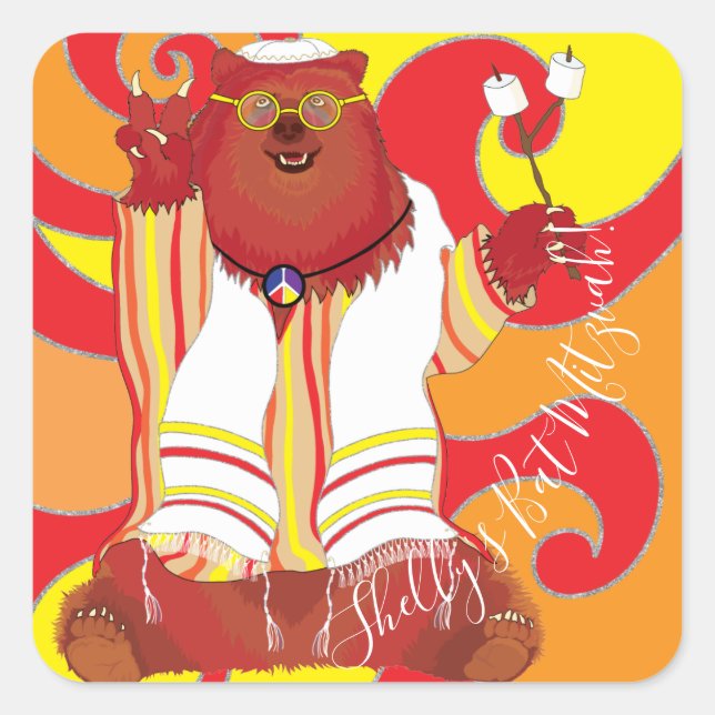 Adesivo Quadrado Bar Bat Mitzvah Hippie Tallie Bear Stickers Square (Frente)