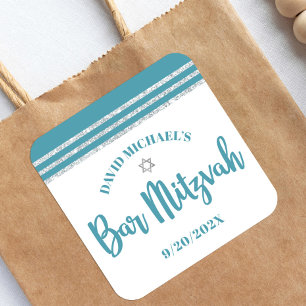 Adesivo Quadrado Bar Mitzvah Azul Teal Prata Tallit Escrita Negrito