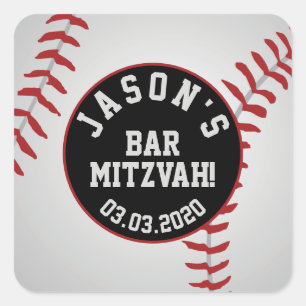 Adesivo Quadrado Bar Mitzvah de Beisebol Vermelho Preto