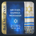 Adesivo Quadrado Bar Mitzvah Prayer Shawl<br><div class="desc">Personalize este Bar de ouro e azul Mitzvah com um xale de oração e Estrela de David design.</div>