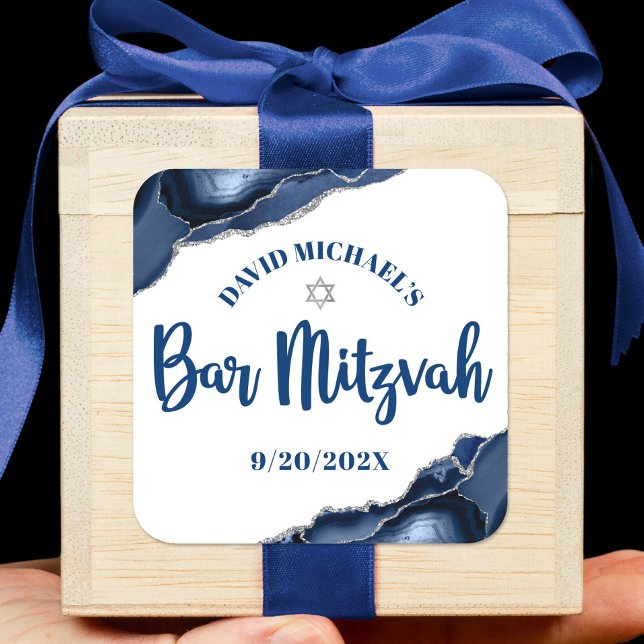 Adesivo Quadrado Bar Mitzvah Simple Modern Marinho Blue Agate Scrip (Criador carregado)