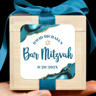 Adesivo Quadrado Bar Mitzvah Simples Moderno Ágata Turquesa Script