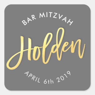 Adesivo Quadrado BAR PERSONALIZADO Mitzvah para Holden cinza + ouro