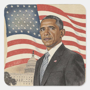 Adesivo Quadrado Barack Obama em frente à bandeira americana e ao C