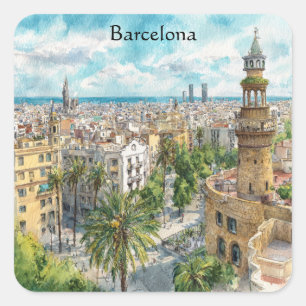 Adesivo Quadrado Barcelona Espanha Catalunha Vista Cidade Pintura a