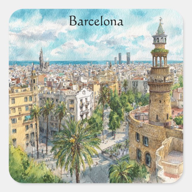 Adesivo Quadrado Barcelona Spain Catalonia City VIew Oil Paint (Frente)