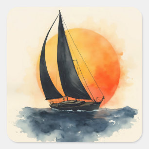 Adesivo Quadrado Barco à vela em aquarela ao pôr do sol