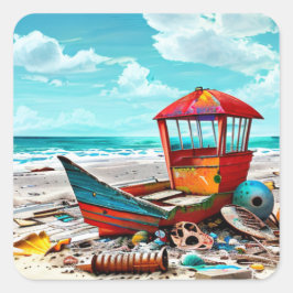 Adesivo Quadrado Barco Velho Desertado em uma praia abandonada Sand