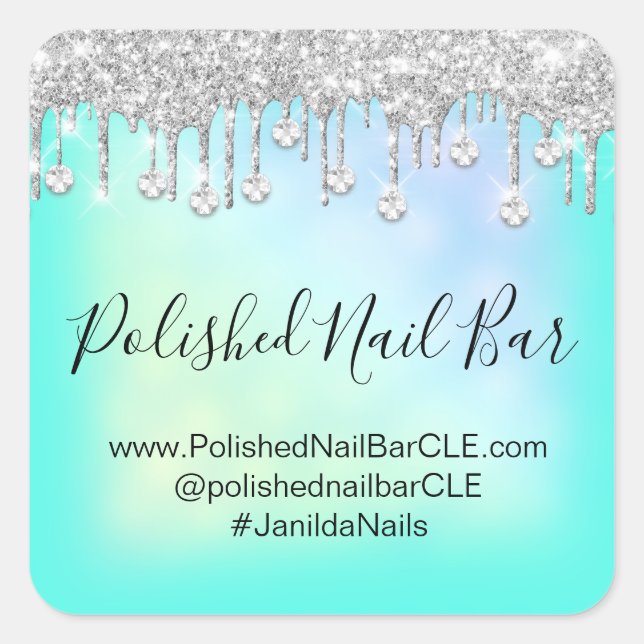 Adesivo Quadrado Barra de Unhas Holográfica Mint Blue Diamond Drips (Frente)