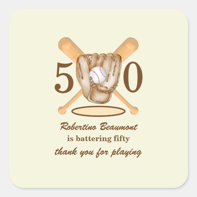 Adesivo Quadrado Baseball Glove Bats Themed Men's 50th Birthday (Frente)