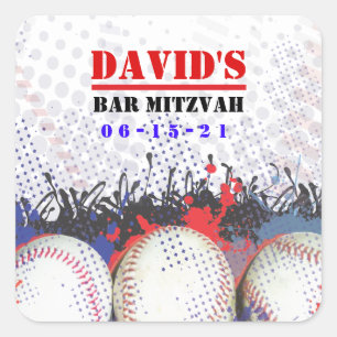 Adesivo Quadrado BASEBALL SPLATTER Bar Mitzvah Leve Para Casa Etiqu