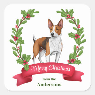Adesivo Quadrado Basenji Dog Holly Banner Natal