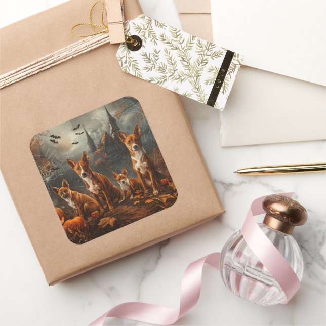 Adesivo Quadrado Basenji Halloween Night Doggy Delight (Presentear)