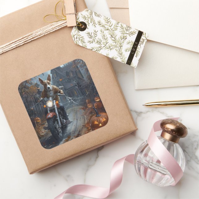 Adesivo Quadrado Basenji Riding Motorcycle Halloween Scary (Presentear)