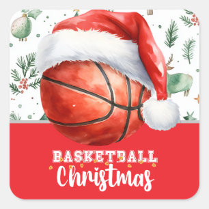 Adesivo Quadrado Basquete com chapéu de Papai Noel no Natal