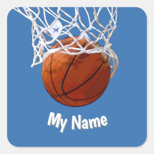 Adesivo Quadrado Basquetebol Seu Nome Fundo Azul Aço Personalizado