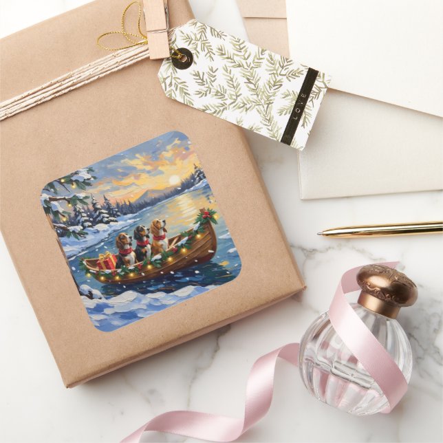 Adesivo Quadrado Basset Hound Christmas Boat Holiday (Presentear)