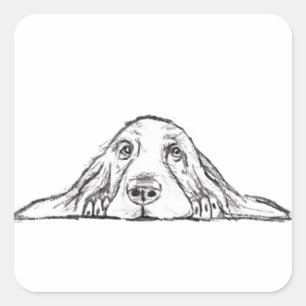 Adesivo Quadrado basset hound preto branco simples olhos de cachorr