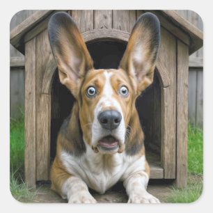 Adesivo Quadrado Basset Hound Surpreso em uma Casa de Cachorro