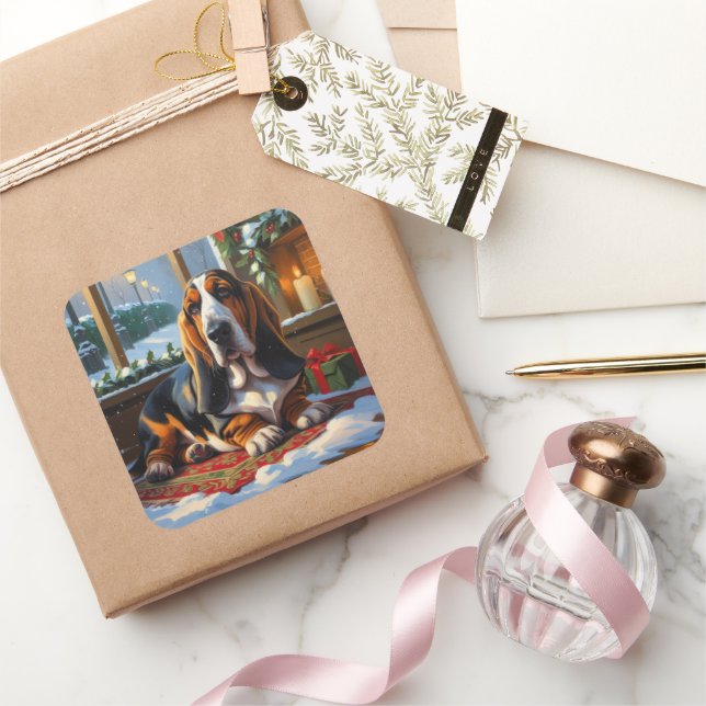 Adesivo Quadrado Basset Hound With Christmas Lights Holiday  (Presentear)