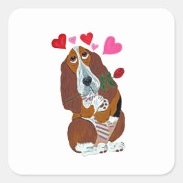 Adesivo Quadrado Basset Hound with Rose and Heart stickers