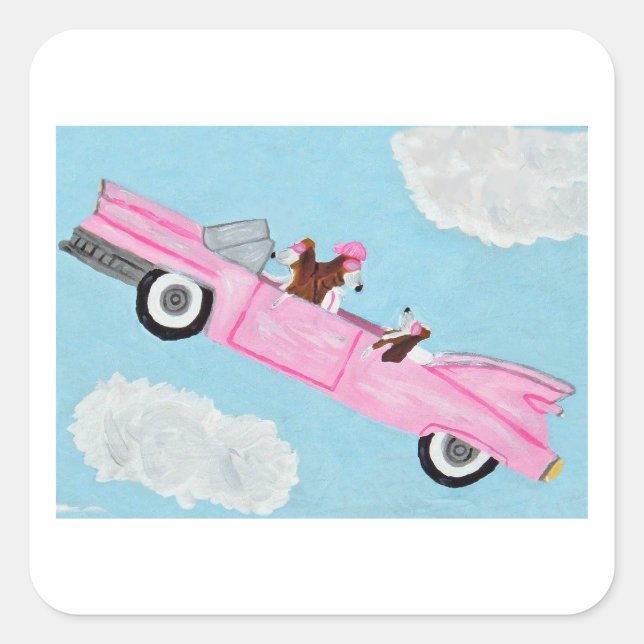 Adesivo Quadrado Basset Hounds in pink convertible Sticker (Frente)