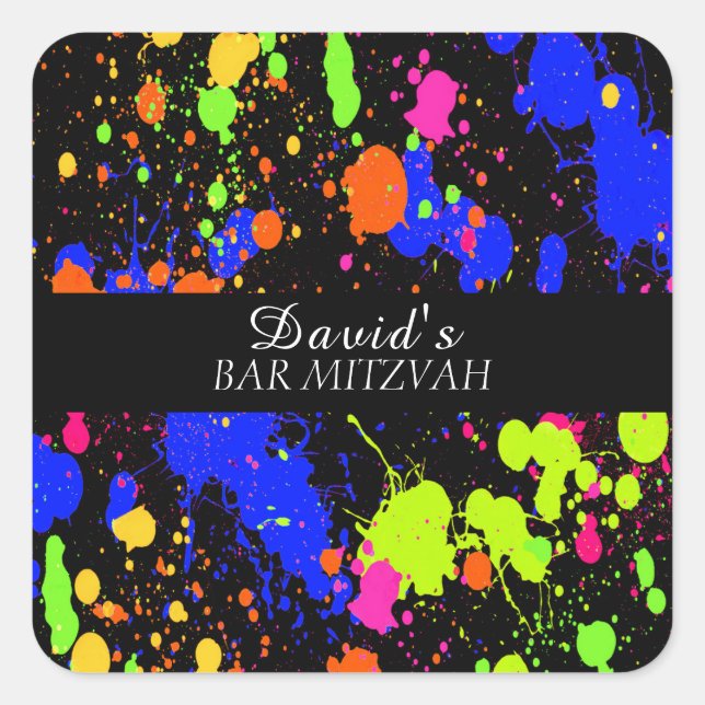 Adesivo Quadrado Bat/Bar Mitzvahs Neon Paint Splatter (Frente)