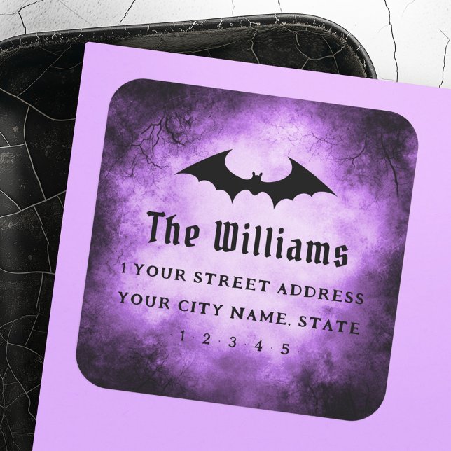 Adesivo Quadrado Bat Halloween - endereço de retorno preto do roxo (Bat Halloween black purple grunge return address Square Sticker)