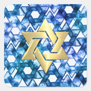 Adesivo Quadrado Bat Mitzvah Blue Medley Watercolor Star Damask