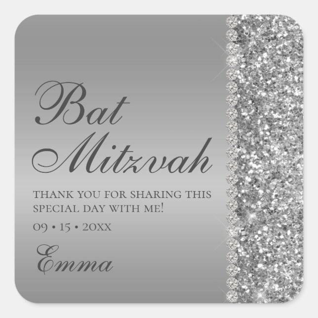 Adesivo Quadrado Bat Mitzvah Brilho Prata (Frente)