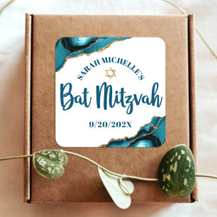 Adesivo Quadrado Bat Mitzvah Moderno Turquesa Ouro Ágata Script