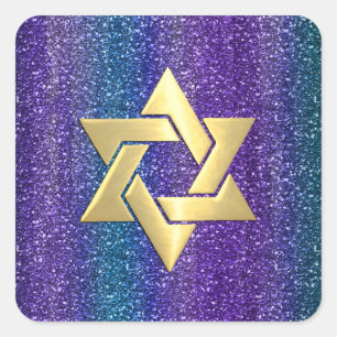 Adesivo Quadrado Bat Mitzvah Purple Teal Glittery Stripes Qualquer