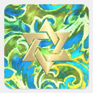 Adesivo Quadrado Bat Mitzvah Turquoise Blue Green Watercolor Damask