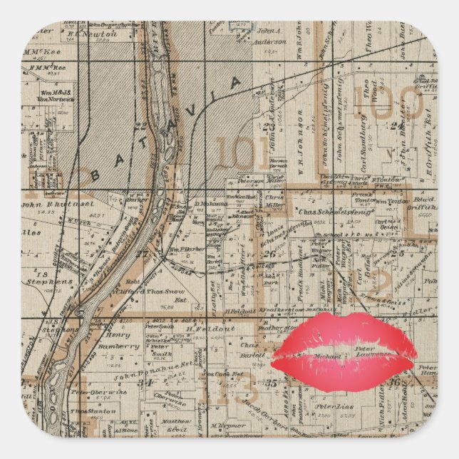 Adesivo Quadrado Batavia Illinois Plat Map 1870 Fox River Valley (Frente)