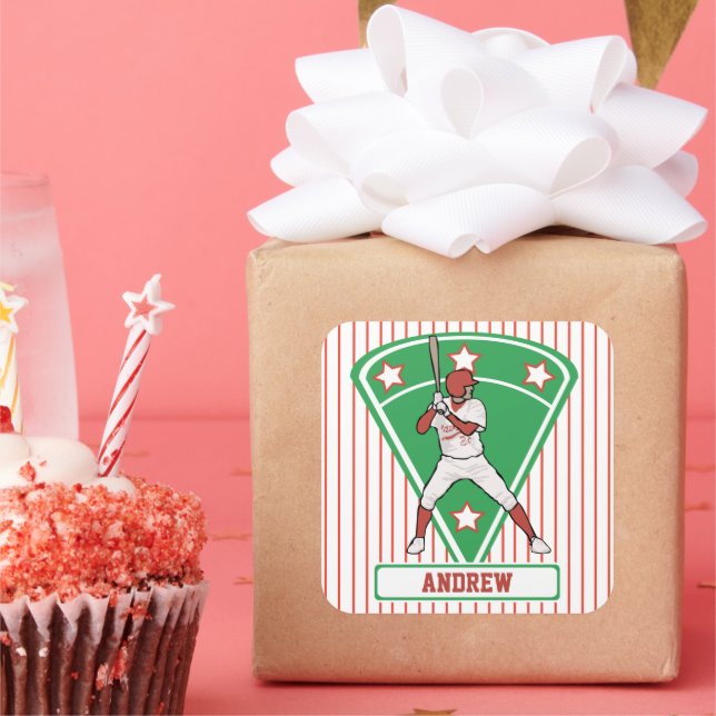 Adesivo Quadrado Bateria de Baseball Personalizada Vermelha (Festa)