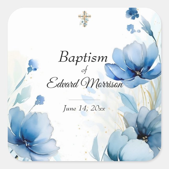 Adesivo Quadrado Batismo Azul-Derramante Floral Elegante (Frente)