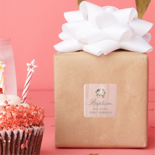 Adesivo Quadrado batismo blush marsala varante do monograma floral (Festa)